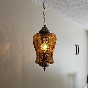 AMBER Rippled Falkenstein Glass Hanging Antique Light Swag Lamp Retro Globe